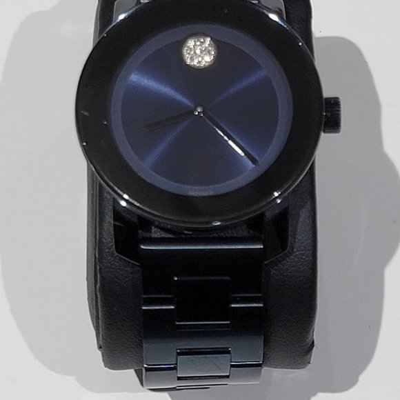 Womens Movado Bold Black with Blue dial.Stainless bracelet Ref# 360038